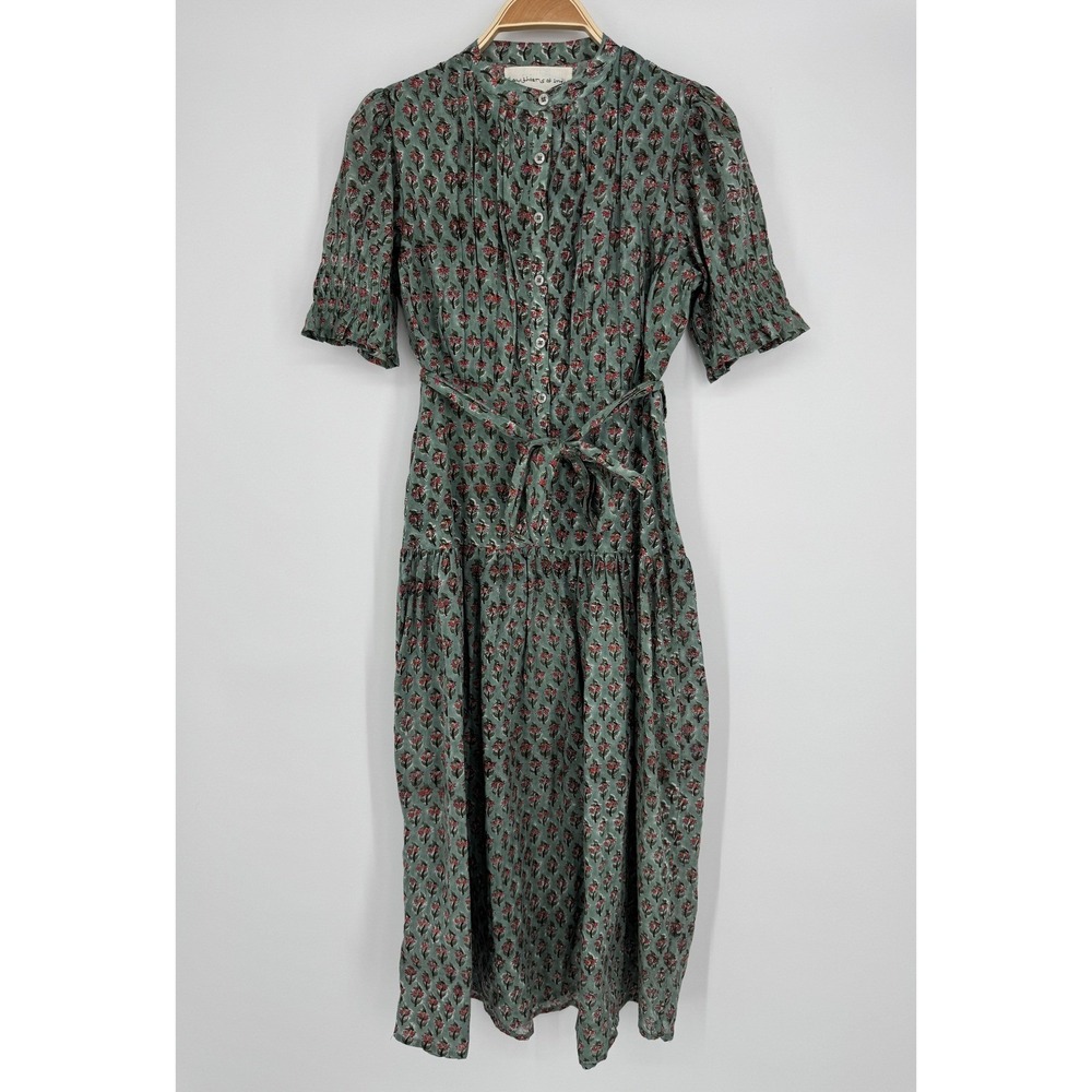 Daughters of India Prairie Dress XS Sage Green Floral Button Front Midi Cottage - Picture 5 of 12